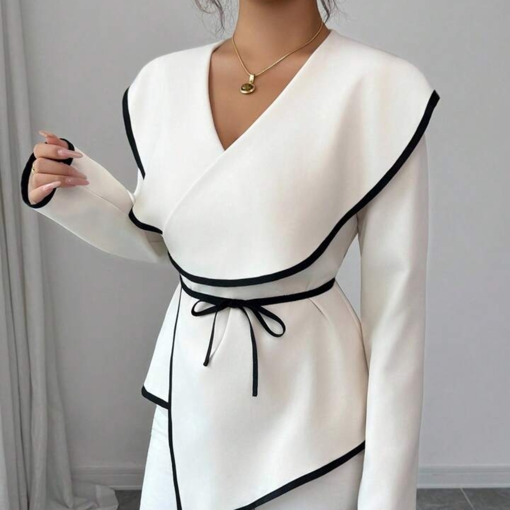 Elegant White Wrap Top with Black Trim